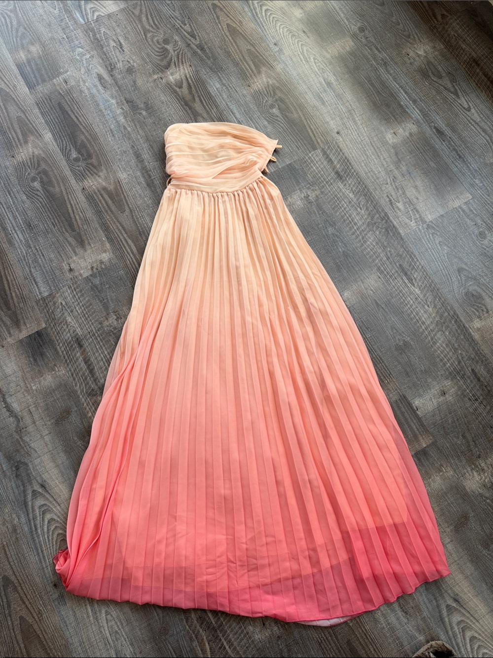 Ombre Peach to Coral Strapless Pleated Dress